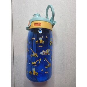 Kids Construction Vehicle Water Bottle Blue Plastic Reusable Straw Lid Handle